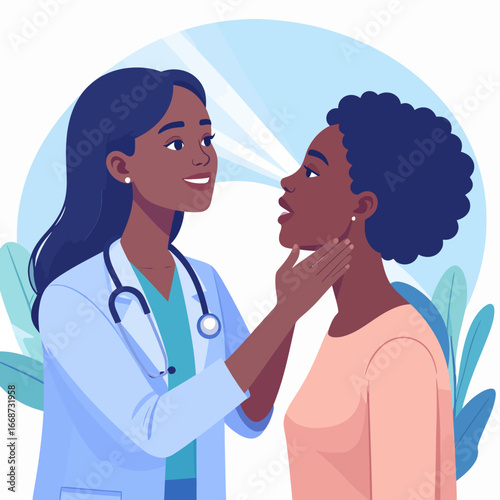 A compassionate Black female doctor in a white coat examines a female patients throat and neck during a consultation.
