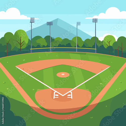 Cartoon Baseball Diamond with Lush Landscaping and Mountain View.