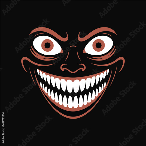 A creepy, evil smiling face with a wide, toothy grin and staring eyes. A horror-themed graphic. Vector Illustration.