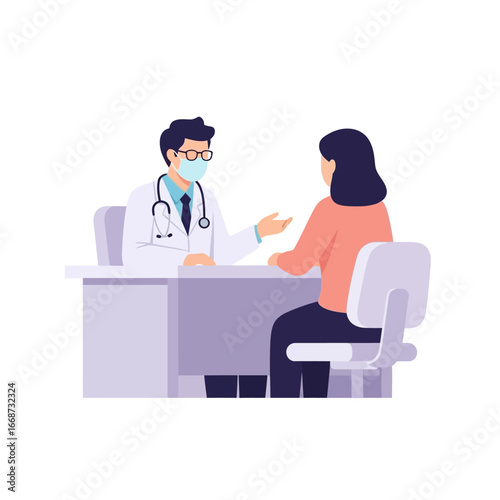 Doctor in White Coat Consulting Patient at Desk, Wearing Mask and Glasses.