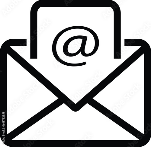 Open envelope with '@' symbol paper represents email communication and messaging vector