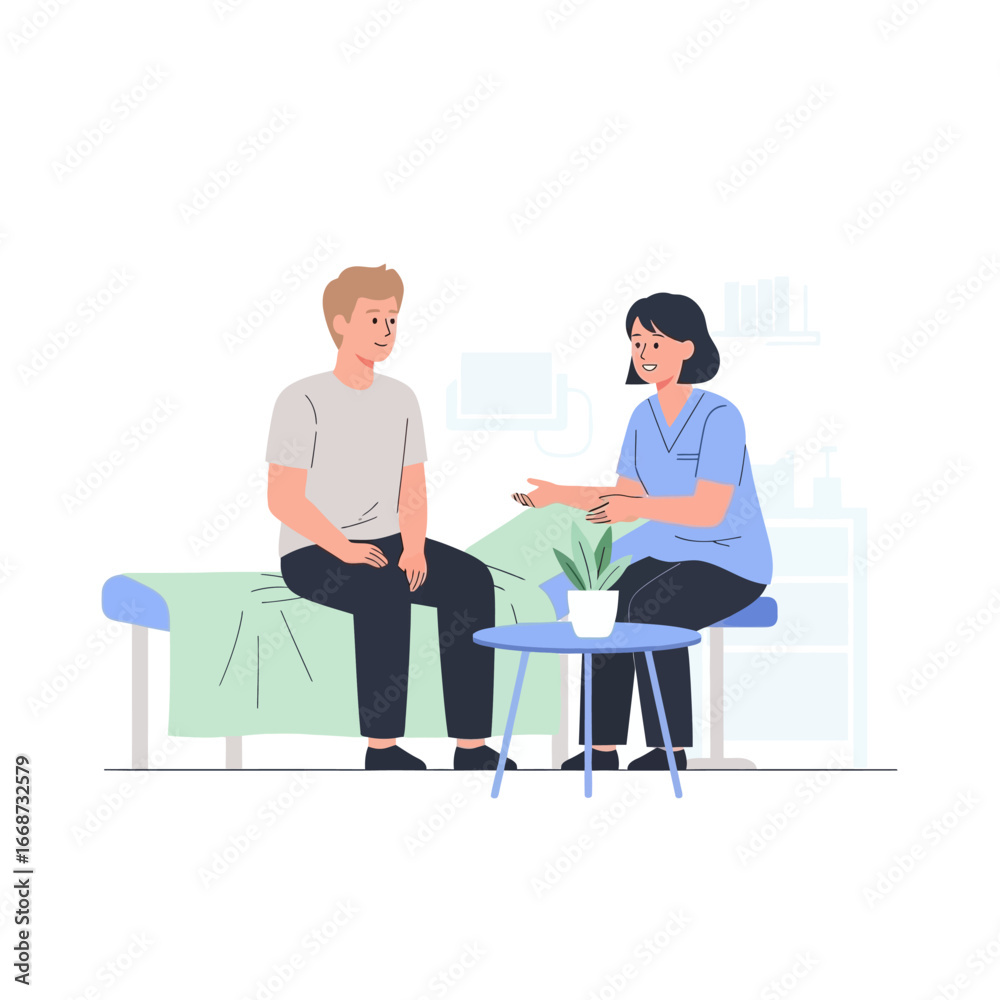 Fototapeta premium Patient and Doctor in Consultation - Man Sitting on Examination Table, Woman on Stool.
