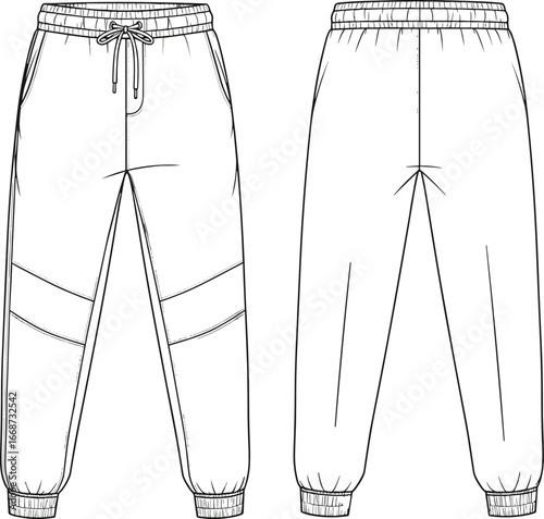PrintTechnical vector illustration of jogger pants front and back view with elastic waistband, drawstring, diagonal seams, side pockets, and ankle cuffs