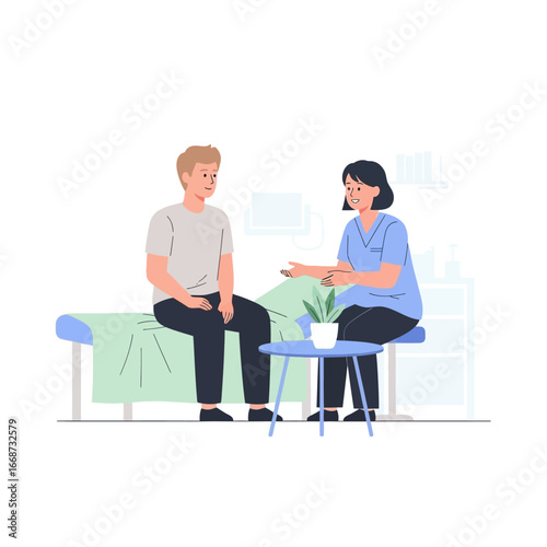 Patient and Doctor in Consultation - Man Sitting on Examination Table, Woman on Stool.