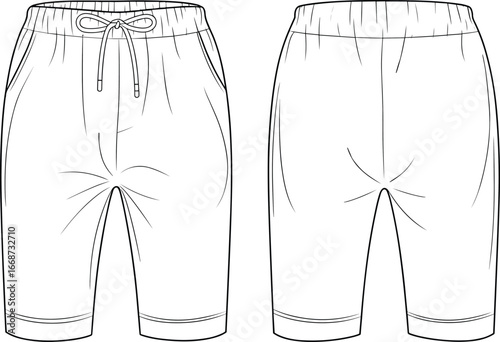 PrintTechnical vector illustration of knee‑length shorts front and back views with elastic drawstring waistband, side pockets, hem detail, detailed garment construction elements