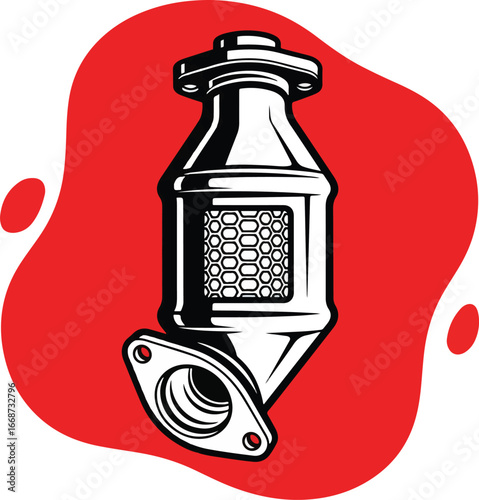 Catalytic Converter Icon – Bold Black and White Vector Illustration of Automotive Emission Component on Red Background