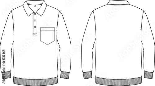 PrintTechnical vector illustration of long‑sleeve polo shirt with four‑button placket and chest pocket, front and back garment views for fashion design