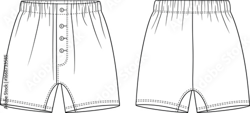 Technical vector illustration of men’s boxer shorts with four‑button fly, elastic waistband, stitching details, front and back garment views for fashion design