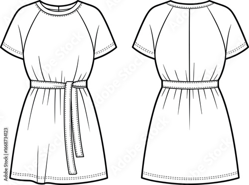 PrintTechnical vector illustration of short‑sleeve raglan dress with fabric waist belt, front and back garment views for fashion design template