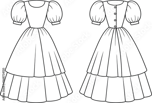 PrintTechnical vector illustration of puff sleeve tiered skirt dress with button back bodice, front and back fashion garment design template views