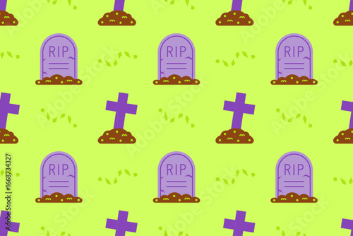 Seamless Halloween pattern with graves, crosses, and worms on green background. Great for eerie party themes, invitations, and seasonal textiles.