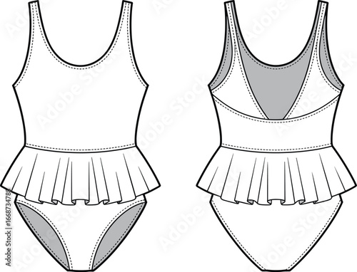 PrintTechnical vector illustration of woman’s one‑piece swimsuit with peplum ruffle waist, front and back fashion flat views for garment design
