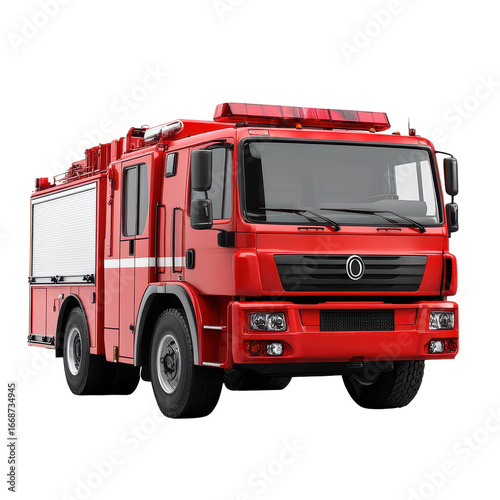 Bright Red Fire Truck with Lights and Flames Ready for Action isolated on a white transparent background