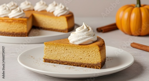 A decadent pumpkin cheesecake presented in a professional food photography style, highlighting seasonal dessert trends.