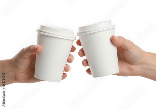 Two hands holding white coffee cups in a cheers gesture isolated on transparent background