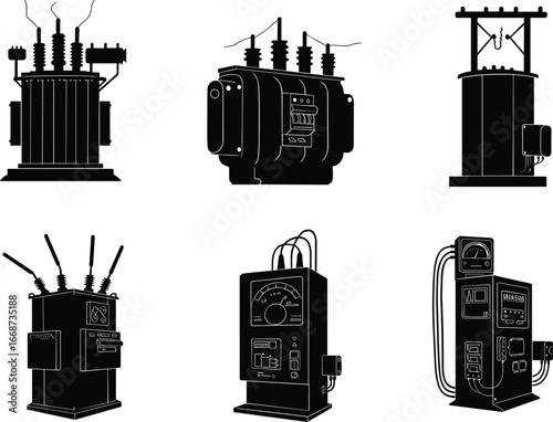 Silhouette of power transformer, electricity distribution unit, control panel, energy meter, voltage system, industrial electrical equipment, high voltage, utility grid, engineering technology