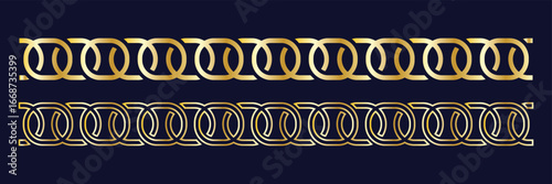 Black gold chain link circle logo icon symbol. Seamless metal chain link sign ornament ring shape border. Round Ring connect frame pattern. Vector illustration image. Isolated on white background.