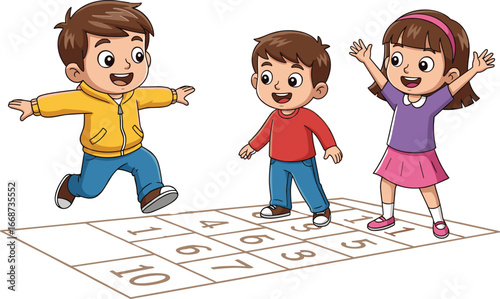PrintThree happy children playing hopscotch outdoors, jumping and smiling together, promoting fitness, coordination, friendship, and fun in a playful school playground
