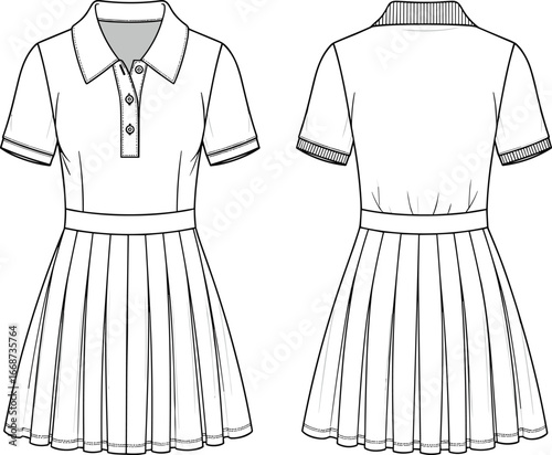 PrintVector technical flat sketch illustration of pleated polo dress design with short sleeves, collar, waist belt, front and back views