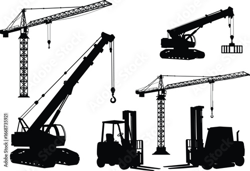 Silhouette of cranes, forklifts, construction machinery, lifting equipment, heavy machines, tower crane, mobile crane, industrial transport, building site, logistics, warehouse loading