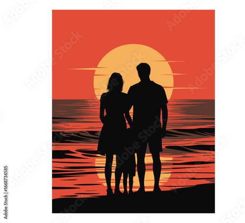  vector of couple with child standing at sunset beach in black and white isolated illustration.ctor of mother reading book to kids at sunset in black and white isolated illustration