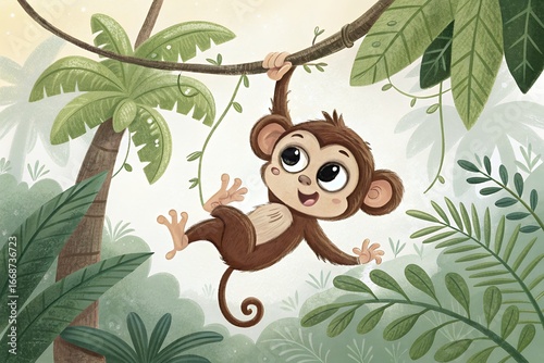 Cute cartoon monkey hanging from a tree branch in a lush jungle