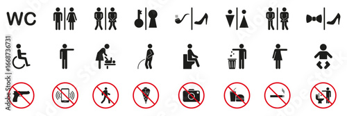 Restroom And Prohibition Sign Icon Set. Public Facility And Behavior Restriction Silhouette Symbol Collection. Includes Wc, Accessibility and Stop Signs. Isolated Vector Illustration