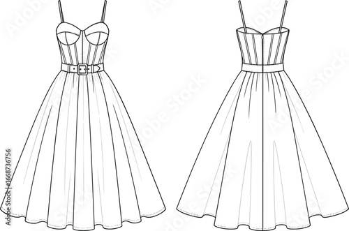 PrintWomen’s vintage dress technical drawing, front and back view, fitted bodice with straps, belted waist, flared skirt, garment pattern design vector illustration
