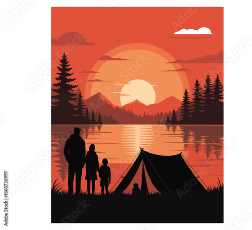 Silhouette vector of family camping with tent at sunset in black and white isolated illustration