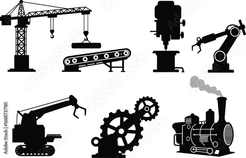Silhouette of industrial machinery, crane, conveyor, robotic arm, drill machine, factory equipment, gears, steam engine, automation, engineering tools, construction, manufacturing technology