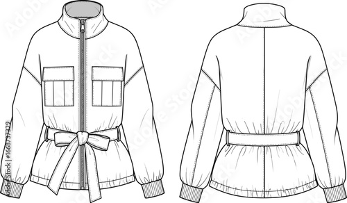 PrintWomen's fashion jacket technical flat sketch, front and back view, belted waist, high collar, patch pockets, ribbed cuffs, apparel design, vector clothing illustration