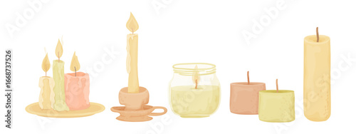 Vector candle elements set. Hand drawn flat relax and spa icons isolated on white.