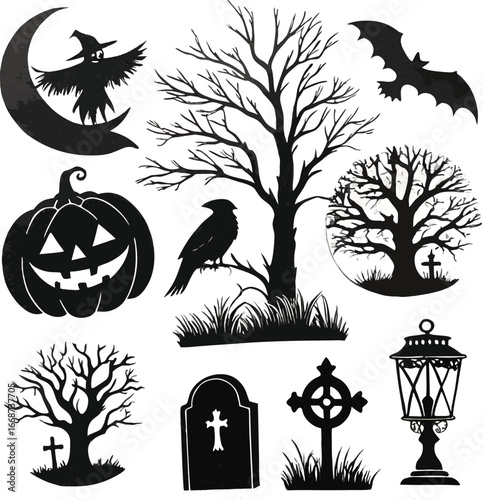 Halloween spooky bundle, 8 unique designs carved pumpkin, flying bat, haunted tree, black crow, witch hat, coffin, skeleton hand, spooky lantern, all black silhouettes, white background.