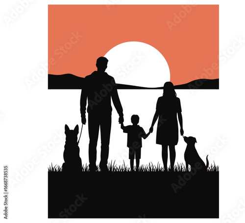 Silhouette vector of family holding hands with pets during sunset in black and white isolated illustration