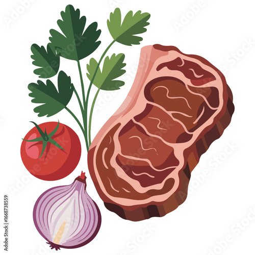 Cartoon beef steaks onion tomatoes barbecue food isolated vector illustration on white background