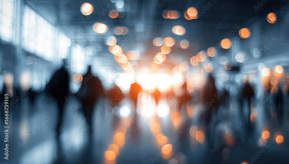 Fototapeta premium Blurry interior scene of many people walking