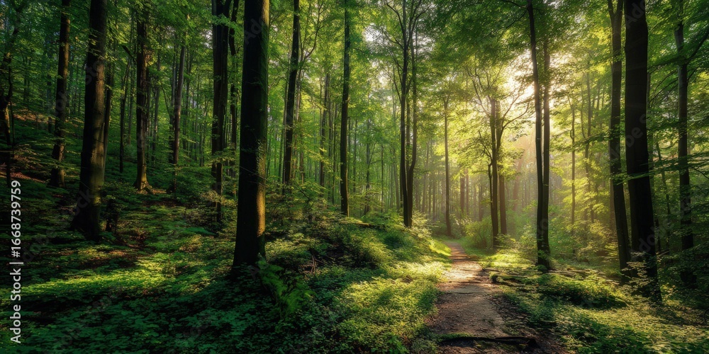 Obraz premium Sunlit forest path through lush greenery