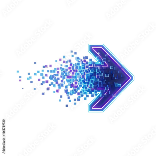 Futuristic digital arrow dissolving into glowing pixels forward motion technology concept isolated on transparent background