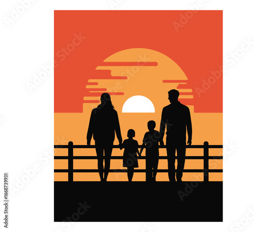 Silhouette vector of family walking on bridge with sunset background in black and white isolated illustration