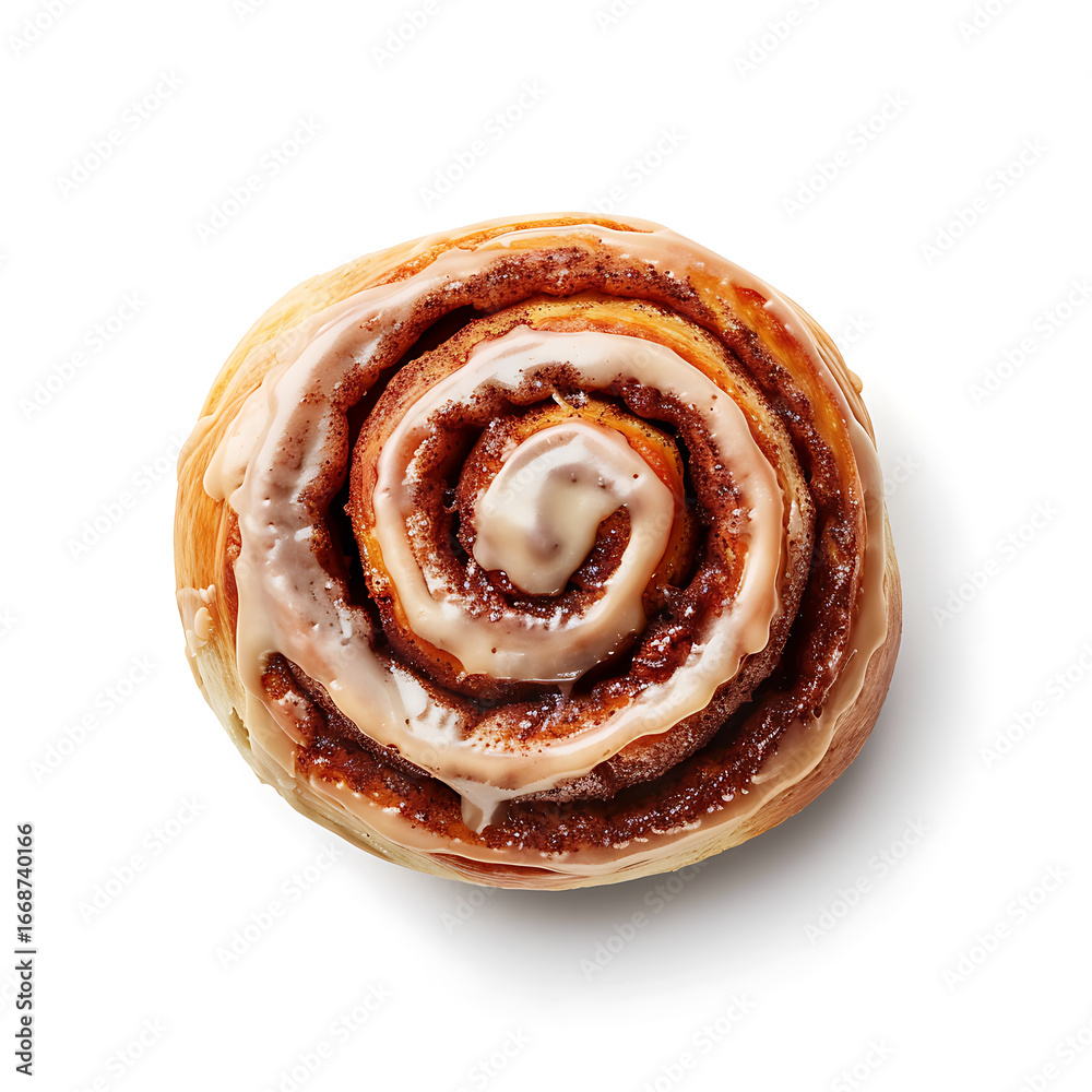 Fototapeta premium Top View of a Glazed Cinnamon Roll on White Background
