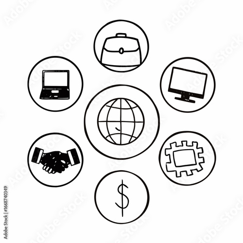 Hand drawn business icons in circles briefcase, laptop, handshake, and dollar