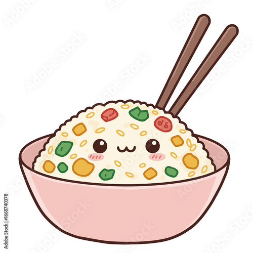 Cute sticker of fried rice with vegetables in a bowl  