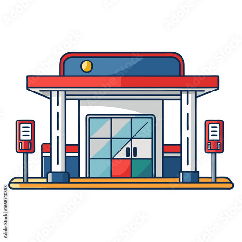 Modern flat design gas station building with red blue and yellow accents