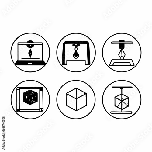 3d printing icons set, representing the process of additive manufacturing