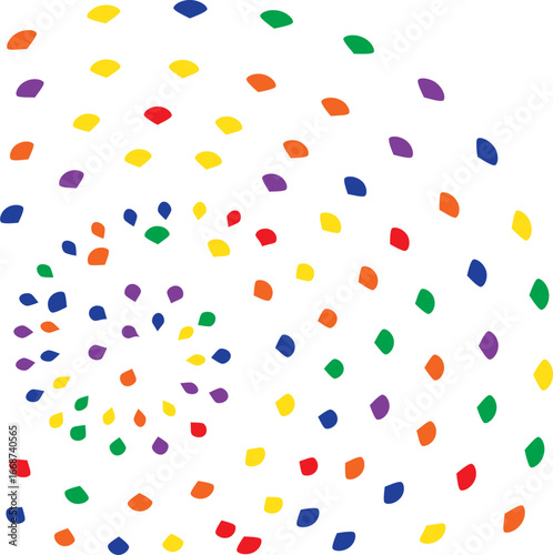 Cheerful abstract background with multicolored ovals and teardrop shapes scattered in a swirling radial pattern, rainbow spectrum colors on a clean white backdrop