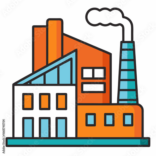 Modern factory building with smokestack and smoke illustration