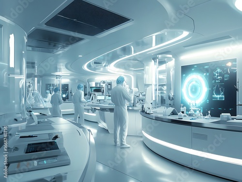 Professional Research Lab Interior Featuring Modern Equipment and Scientists in Clean Suits, interior of modern office
