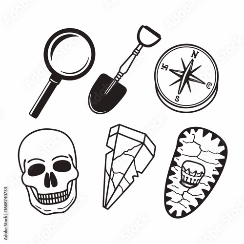 Archaeological exploration tools and ancient artifacts in vector style