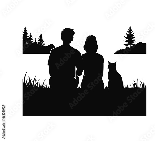 Silhouette vector of family with cat sitting together watching sunset in black and white isolated illustration