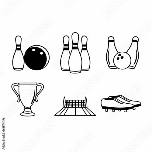 Bowling icons, featuring pins, ball, shoe, trophy and court for sport and game